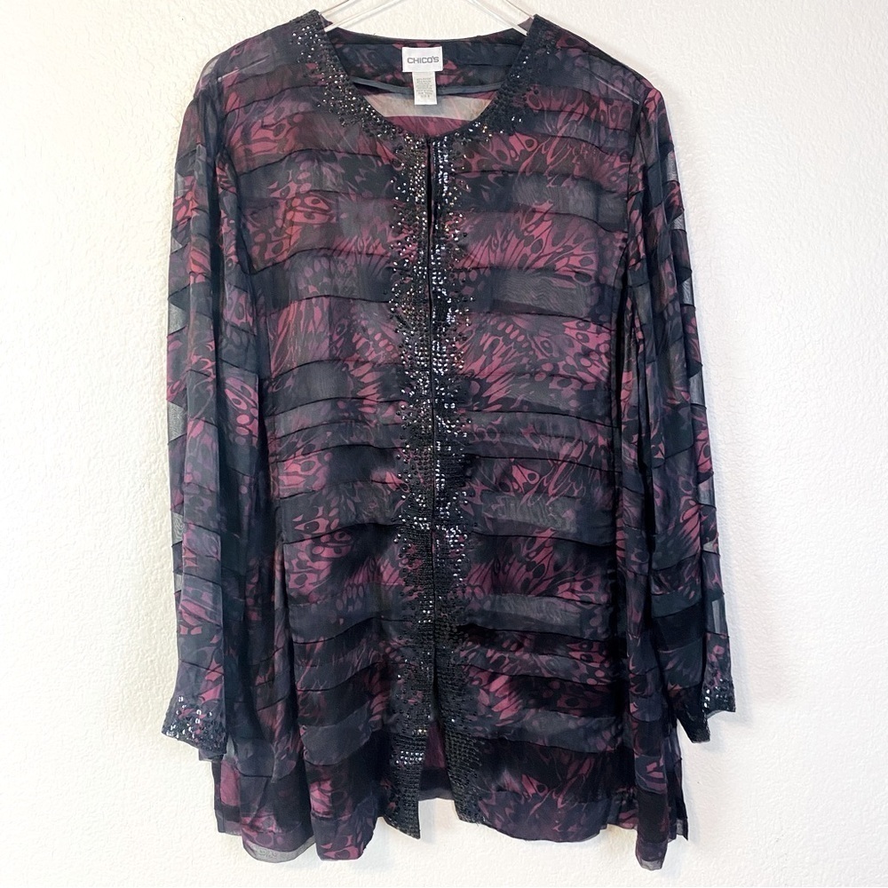 Chico’s Black/Burgundy Stripe Burnout Sequin Trim Blouse Size 16